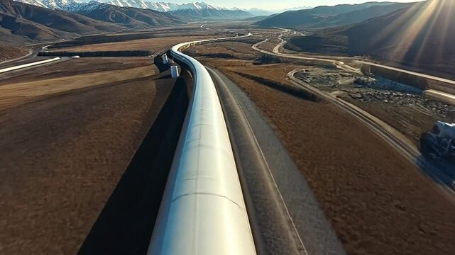 An expansive view of a cutting-edge, futuristic transportation system against a mountainous backdrop