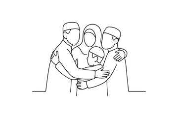 Fototapeta premium Family hugging after Eid prayer continuous one line drawing minimalism design