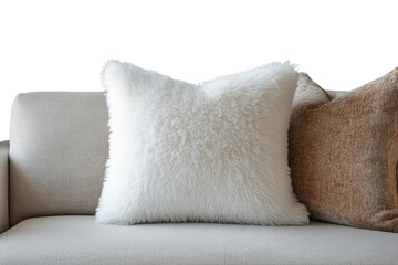 Luxurious Living Room Decor White Furry Pillow Resting on Modern Sofa with Textured Pillows on transparent background