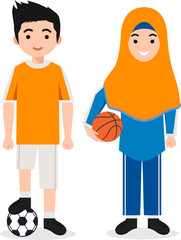 Muslim Boys with Ball and Girls in Hijab for School Sports