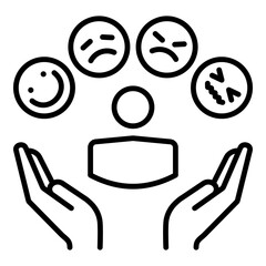 Customer satisfaction icon showing a person with multiple emoticons above and protective hands below, symbolizing feedback, review, emotions, user experience, and service quality.