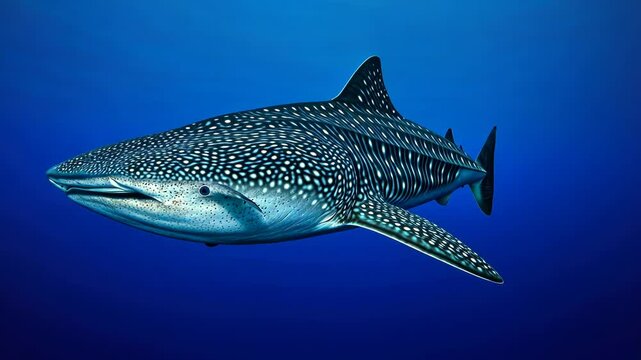 Majestic whale shark gracefully swims in deep blue ocean waters, showcasing its unique spotted pattern and immense size