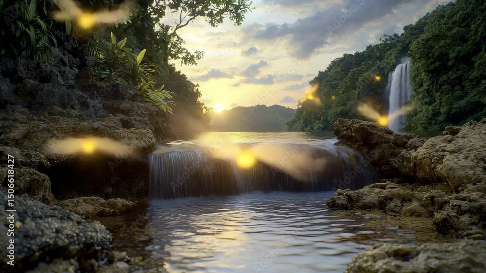 Poster a small waterfall flows gently over rocks at sunset, surrounded by lush green forest with a distant 