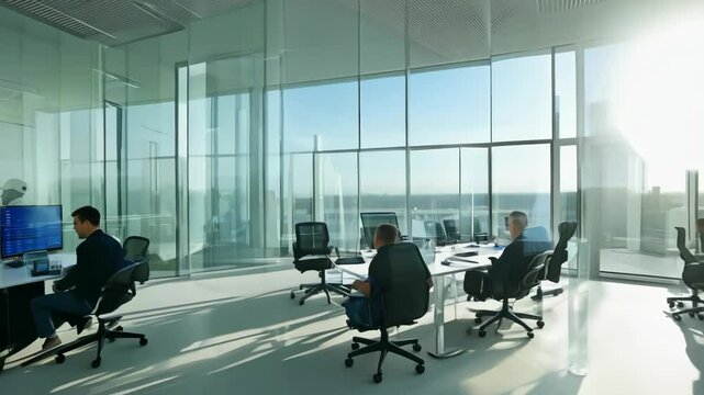 Sunlit modern office with panoramic city views, featuring several workstations and sleek furniture