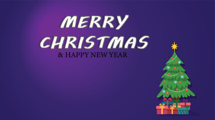 Merry Christmas and Happy New Year greeting with decorated tree on purple background