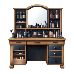 A classic wooden vanity a personal sanctuary filled with makeup perfumes on transparent background
