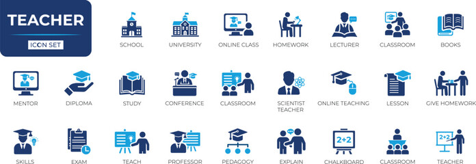 Teacher icon set with education, classroom, student, coaching, homework, exam, report, discussion, grade, study, writing, learning, and learning symbols for school, and educational projects.