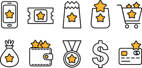 Reward bonus gift icon set. Benefit reward bonus loyalty prize hand drawn sketch line pen stroke style icon. Benefit gift coupon, loyalty card sketch doodle drawn collection. Vector illustration