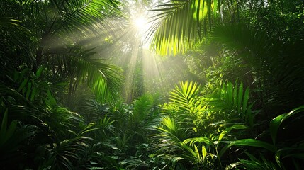 sun rays through the forest Lush jungle with vibrant palm leaves