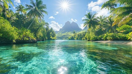 river in the forest with blue sky Lush tropical scenery with clear waters