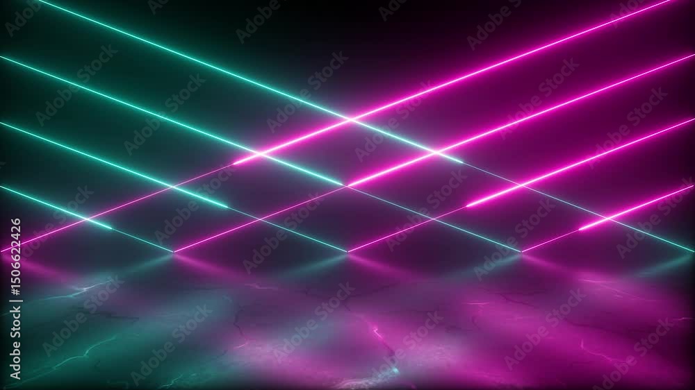 Poster dynamic pink and cyan neon light grids - abstract reflective background