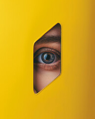 Close-up view of a human eye peering through a geometrically shaped cutout in a vibrant yellow surface, evoking curiosity and intrigue. Generative AI