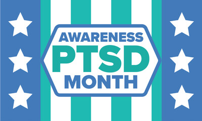 PTSD Awareness Month in June. Post Traumatic Stress Disorder. Celebrated annual in United States. Medical health care and awareness design. Poster, card, banner and background. Vector illustration