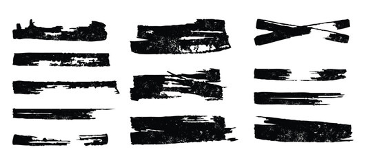Grunge Black Brush Stroke Textures Set Isolated on White Background