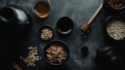 Dark Moody Flatlay of Granola Ingredients: Oats, Nuts, Honey in Black Bowls and Jars