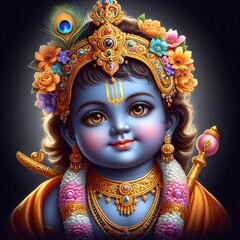 Colorful Artwork  of Hindu god baby Krishna