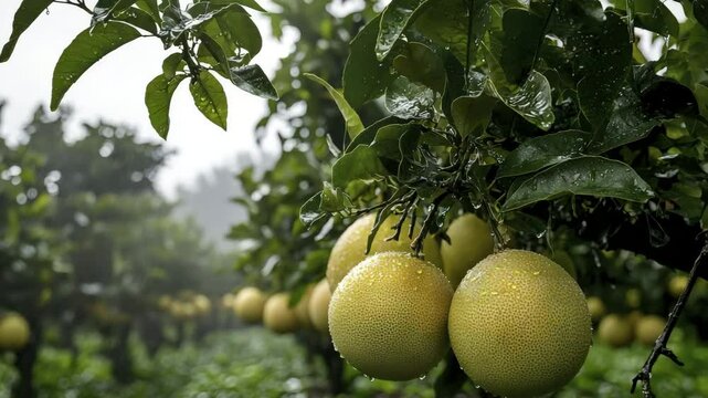 Large yellow pomelos hang from lush green branches, glistening with raindrops in a vibrant orchard during rainfall.