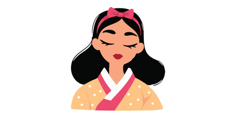 A serene Asian woman, eyes gently closed, is depicted in a stylish hanbok, a traditional Korean dress, adorned with a delicate pink bow in her hair.  She exudes tranquility and grace.
