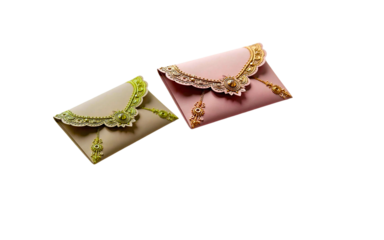 "Traditional Paper envelope adorned with vibrant beads and sequins isolated on white background PNG"