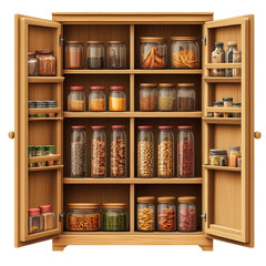 A wooden pantry cabinet displaying jars filled with ingredients for on transparent background