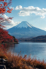 Mount Fuji view at Lake Saiko in Autumn season. Mt Fujisan in Fujikawaguchiko, Yamanashi, Japan. Landmark for tourists attraction. Japan Travel, Destination, Vacation and Mount Fuji Day concept
