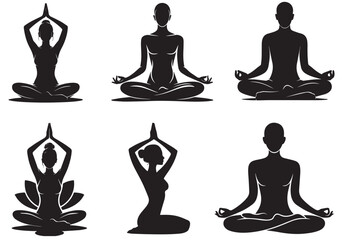 Silhouette of a woman meditating in a lotus yoga pose, a vector illustration for health and relaxation
