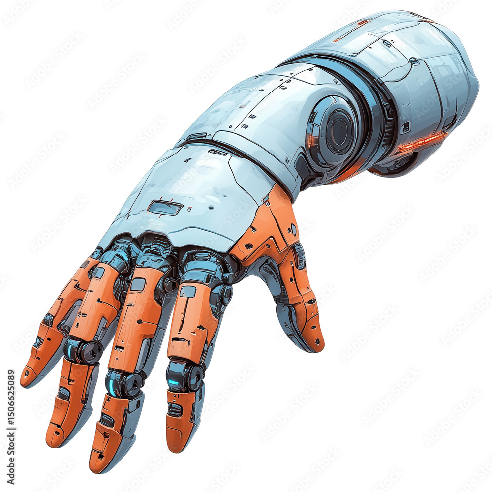 Poster a futuristic robot hand reaching out a promise of connection and advanced on transparent background