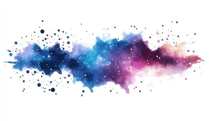 Obraz premium A horizontal watercolor nebula, swirling blues, purples, and pinks, speckled with white stars and dark splatters against a white background