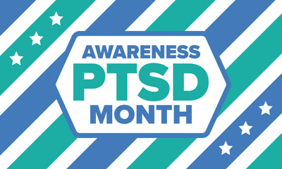 PTSD Awareness Month in June. Post Traumatic Stress Disorder. Celebrated annual in United States. Medical health care and awareness design. Poster, card, banner and background. Vector illustration