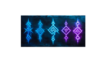 A mesmerizing advertisement banner featuring intricate, pulsing glowing runes in shades of electric blue and purple, suspended against a stark white background, evoking an otherworldly aura, with a da