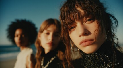 Fototapeta premium Three women in close-up, wearing warm clothing, gaze into the camera on a sunny beach day.