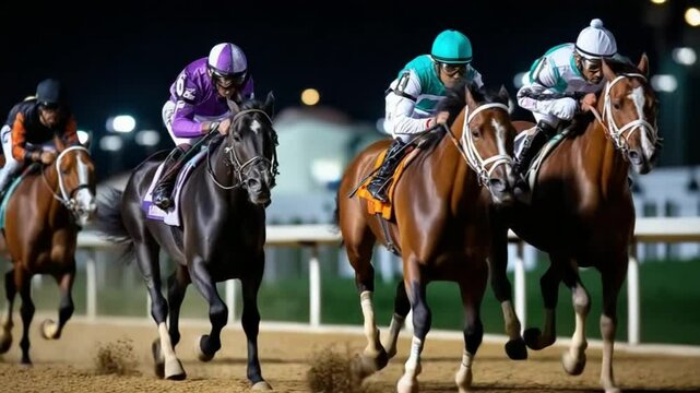 Horse racing competition at night, two jockeys battling for first place