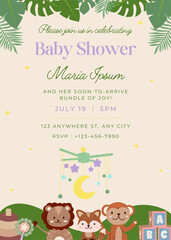 Baby shower party invitation template vector illustration. Jungle animal lion, fox, monkey, baby shower boy invitation card design. New born celebration.