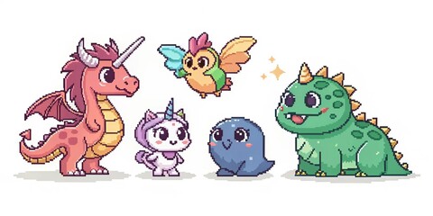 Naklejka premium Pixel Art Fantasy Creatures Set – 8-bit Magical Animals on White Background