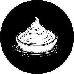 Stylized depiction of a creamy swirl in a bowl against a circular backdrop