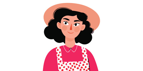 A charming illustration portrays a young woman, adorned with a sunhat, radiating joy and serenity, symbolizing the beauty of nature and a connection to the land. 