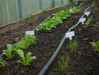 white empty sign next to the seedlings of plants on black soil side view
