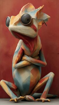 A whimsical, vividly colored reptile with oversized glasses, exuding personality.