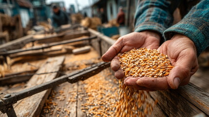 A man holds a grain of wheat in his hand and it crumbles. On a farm indoors. A farmer inspects the harvest. Agriculture, organic food and the concept of productivity.