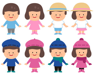 春夏秋冬の服を着た子供のイラストセット