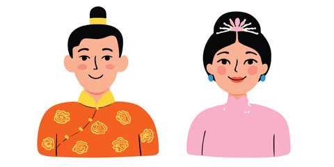 A charming illustration of a young couple in traditional Chinese attire, radiating warmth and cultural pride.  