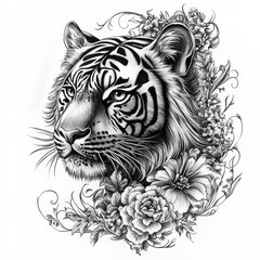 Tiger Clip Art. Black Outlined Tattoo Design of Wild Cat for Coloring Book