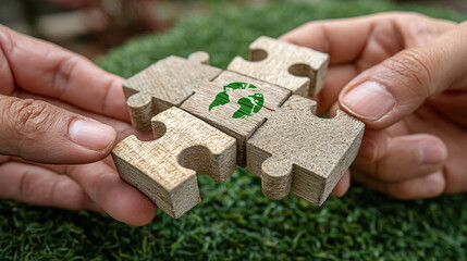 Two hands holding puzzle pieces with green earth icon. Environmental protection and global sustainable development concept.