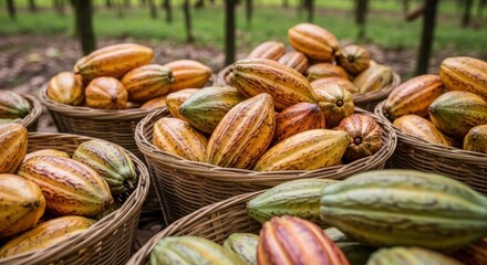 Fototapeta premium Cocoa pods in baskets symbolizing chocolate production and harvest abundance