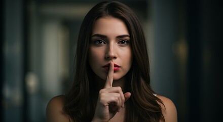 Naklejka premium Woman Holding Finger to Lips Quiet Gesture