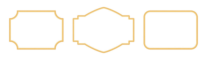 Collection of golden shiny luxury frames. Vintage rectangle beveled frame, ornamental border in oriental style, realistic object mockup for photo frame with round corner. Vector illustration