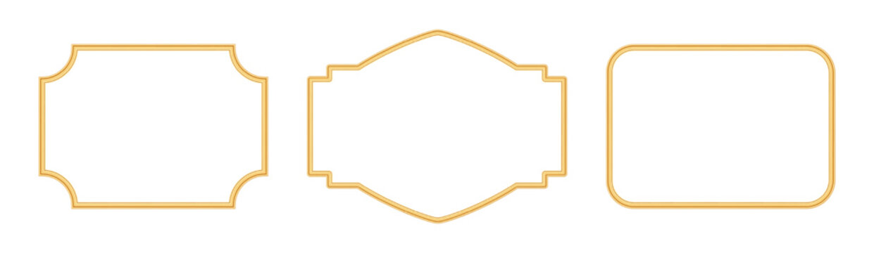 Collection of golden shiny luxury frames. Vintage rectangle beveled frame, ornamental border in oriental style, realistic object mockup for photo frame with round corner. Vector illustration