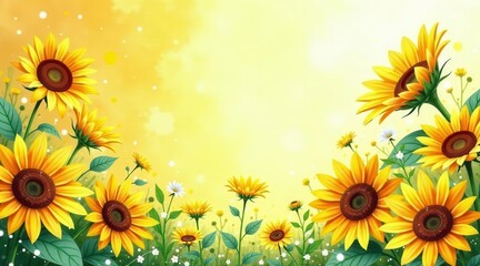 Obraz premium Vibrant Sunflowers in a Sunny Meadow, a Delightful Summer Scene of Golden Blossoms and Delicate White Flowers, Sparkling with Light and Joy