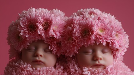 Fototapeta premium Adorable twin babies peacefully asleep, wearing pink floral hats, creating a charming blend of innocence and nature.