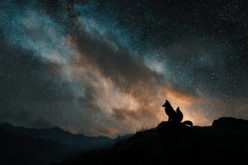 nine-tailed fox silhouette on mountain with full moon and starry sky